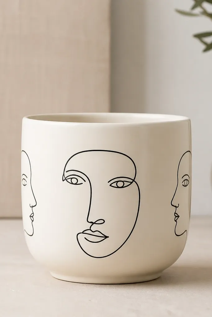 A cream pot with black continuous-line faces peeking around the pot, one face centered and two smaller profiles on the sides.