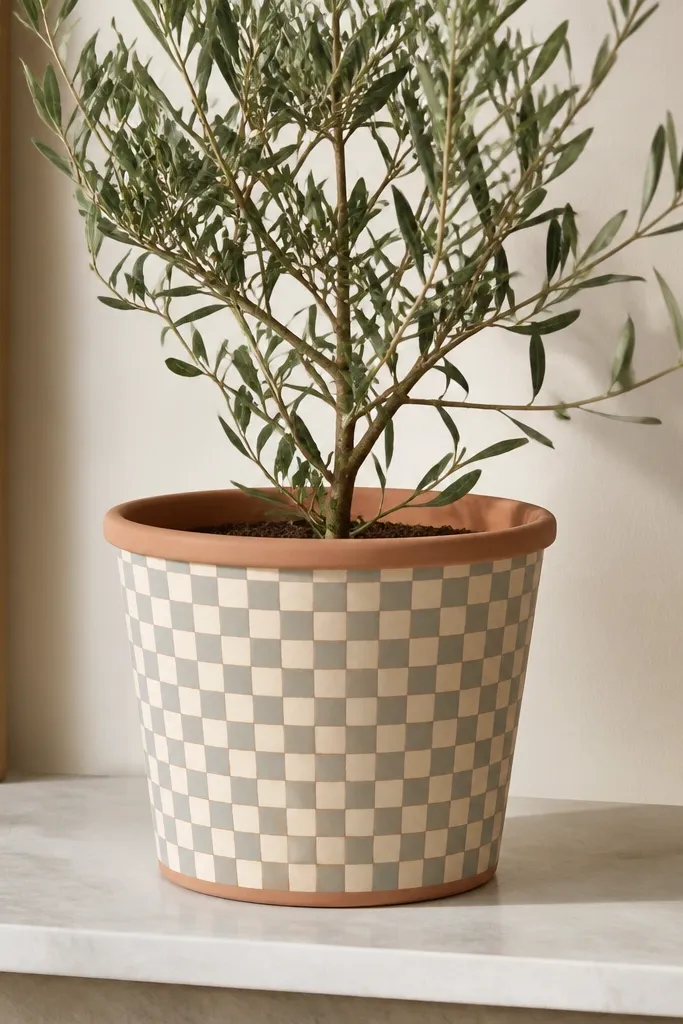 A terracotta pot with alternating cream and soft gray checkers across the visible side; the checks are small and evenly spaced.