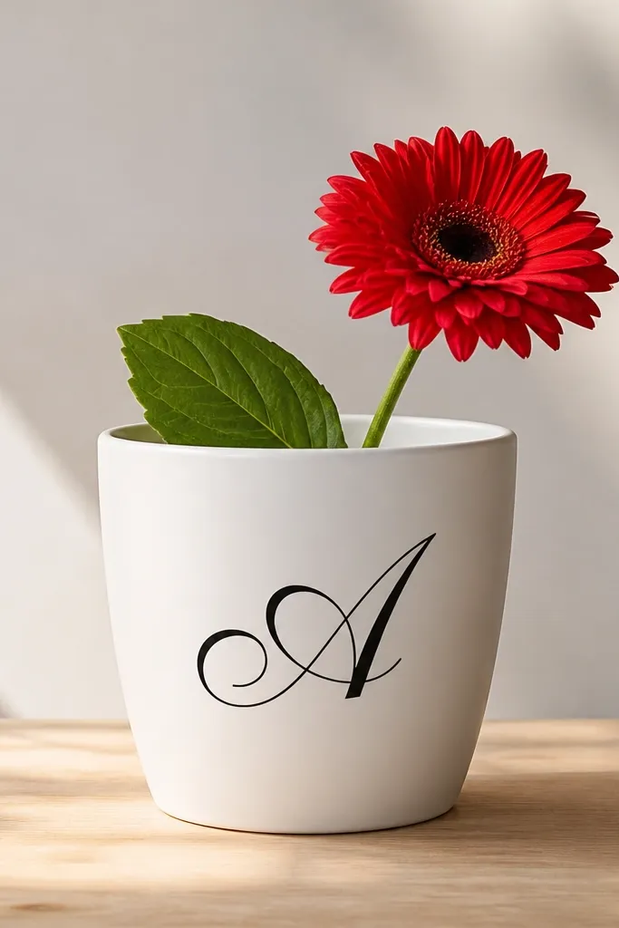 A plain white pot with a large black cursive letter on one side and a single red flower with a green leaf beside it; the rest is clean.