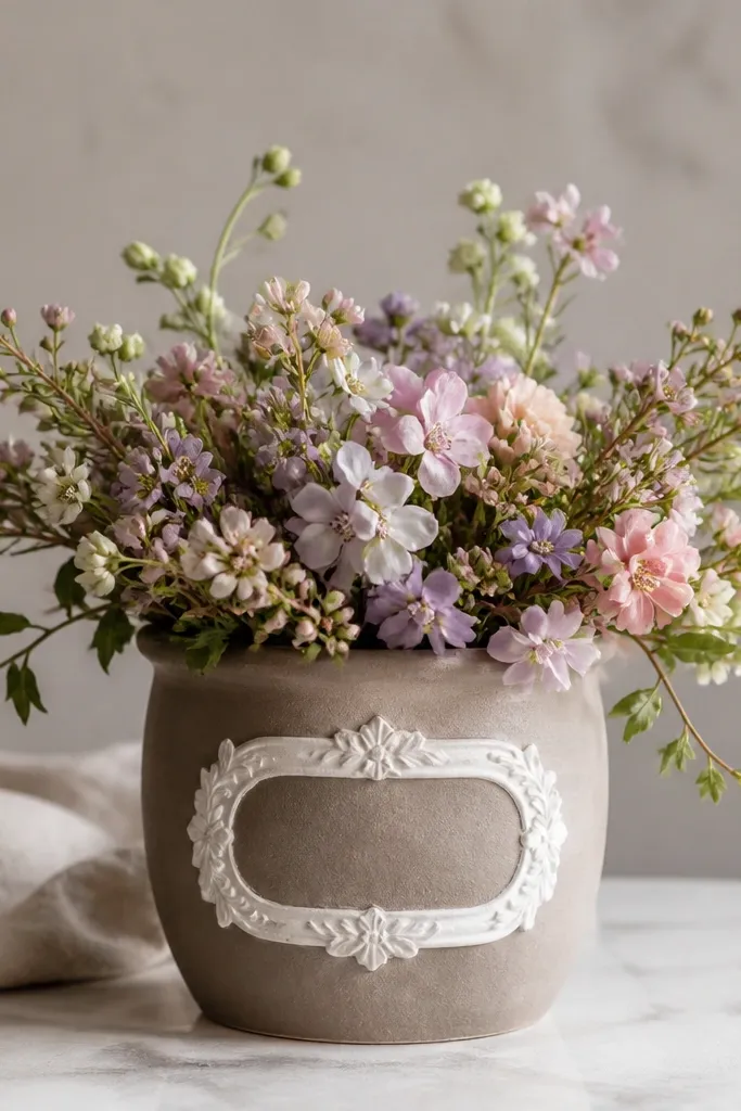 A pot with a white painted frame around the middle - like a picture frame - filled with small pastel flowers and tiny green leaves.