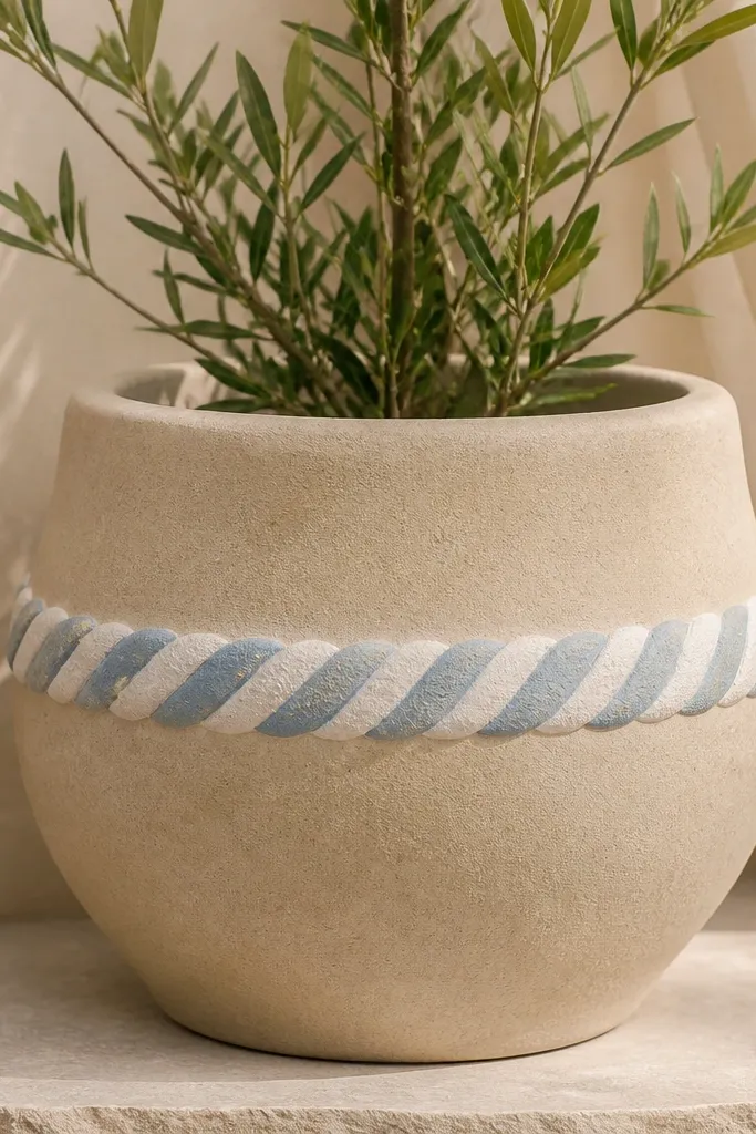 A light sand-colored pot with a thick rope-like border painted around the middle in pale blue and white; the rope has twist lines.