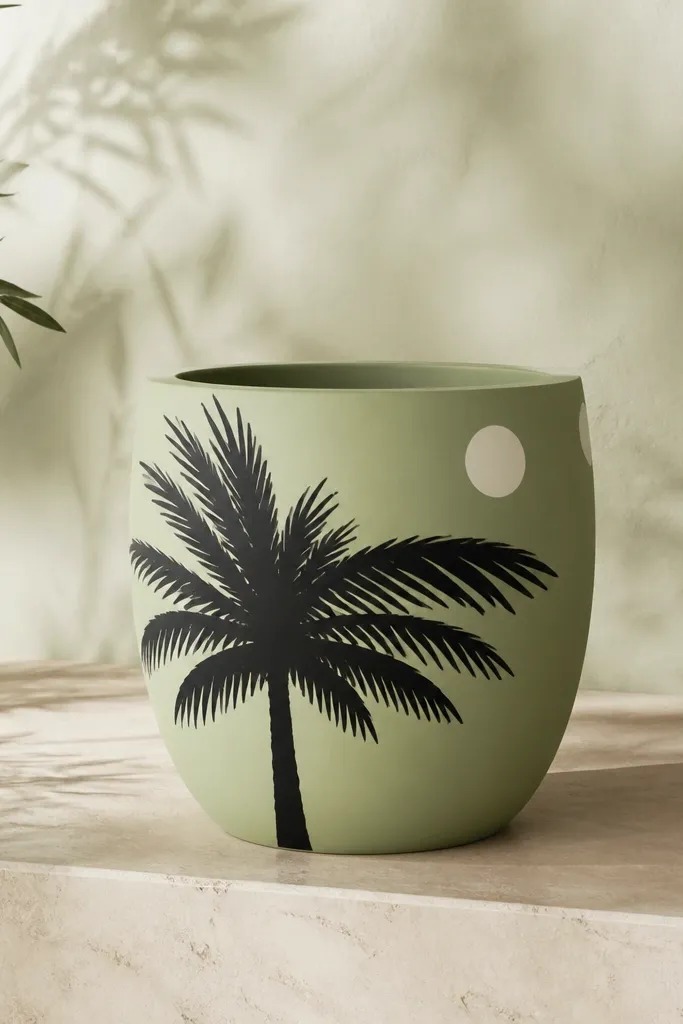 A green pot with a large black palm tree silhouette on one side and small white sun circles near the top.