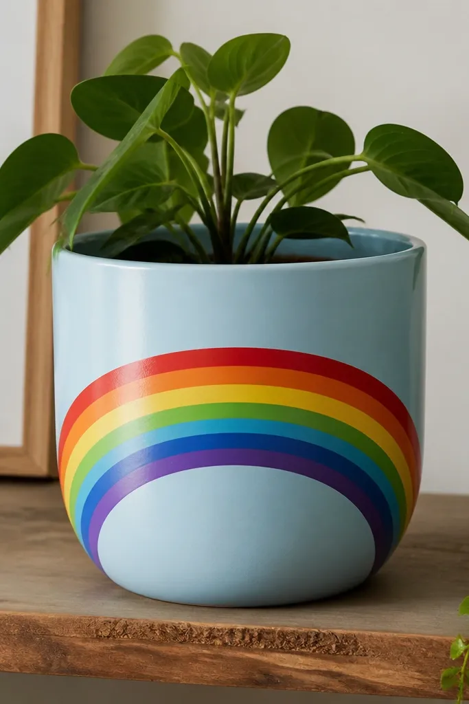 A pot painted in pale blue with a wide rainbow arc across the front, like a waterline. The arc has clear bands: red, orange, yellow, green, blue, purple.