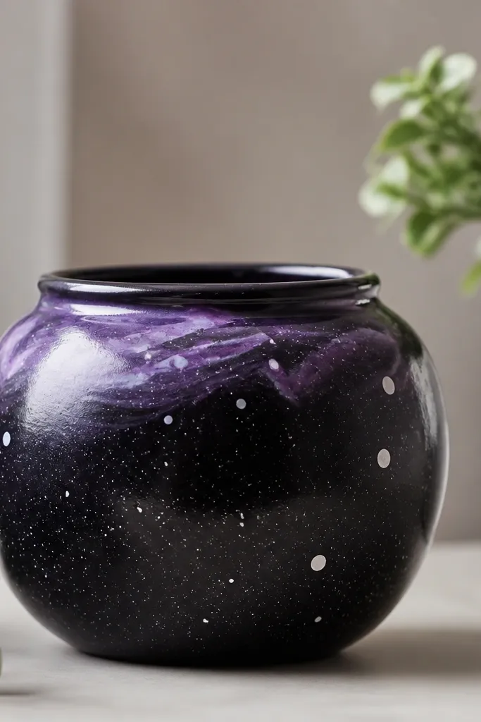 A deep purple-black pot with scattered tiny white stars, a few larger silver dots, and a soft purple swirl near the top.