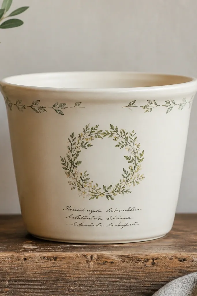 A cream pot with a small botanical wreath at the top and black script text underneath, plus simple leaf doodles around the rim.