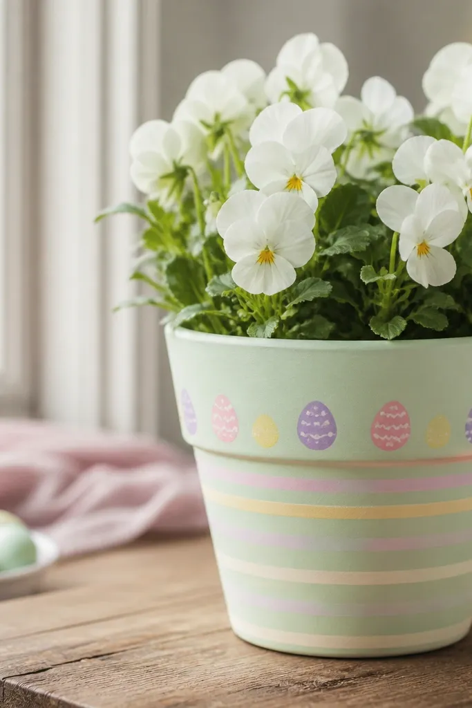A pastel green pot with thin pastel stripes and a row of tiny Easter egg shapes painted in pink, yellow, and lavender near the top.