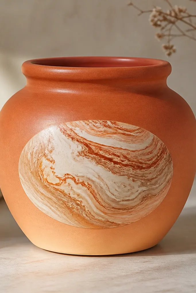A pot with a warm terracotta base fading into lighter orange at the bottom, plus a marbled oval in the center in cream, tan, and copper swirls.