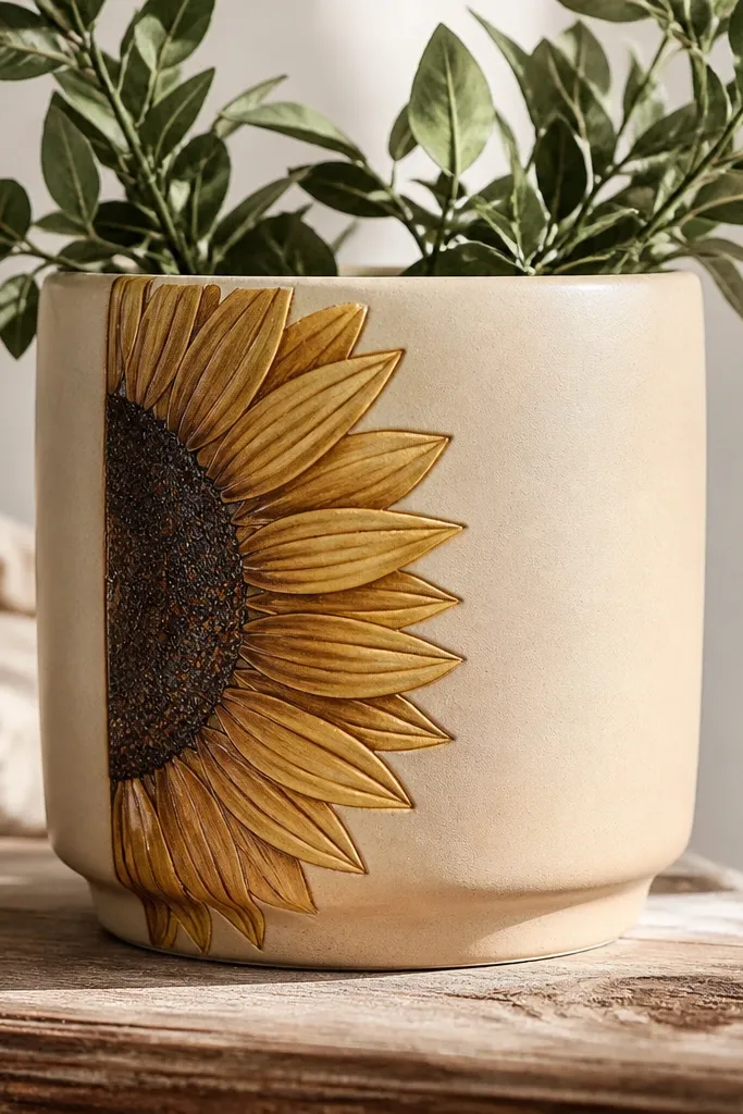 A warm beige pot with a large half-moon sunflower face on one side, showing a dark center and golden petals; the other half stays plain.