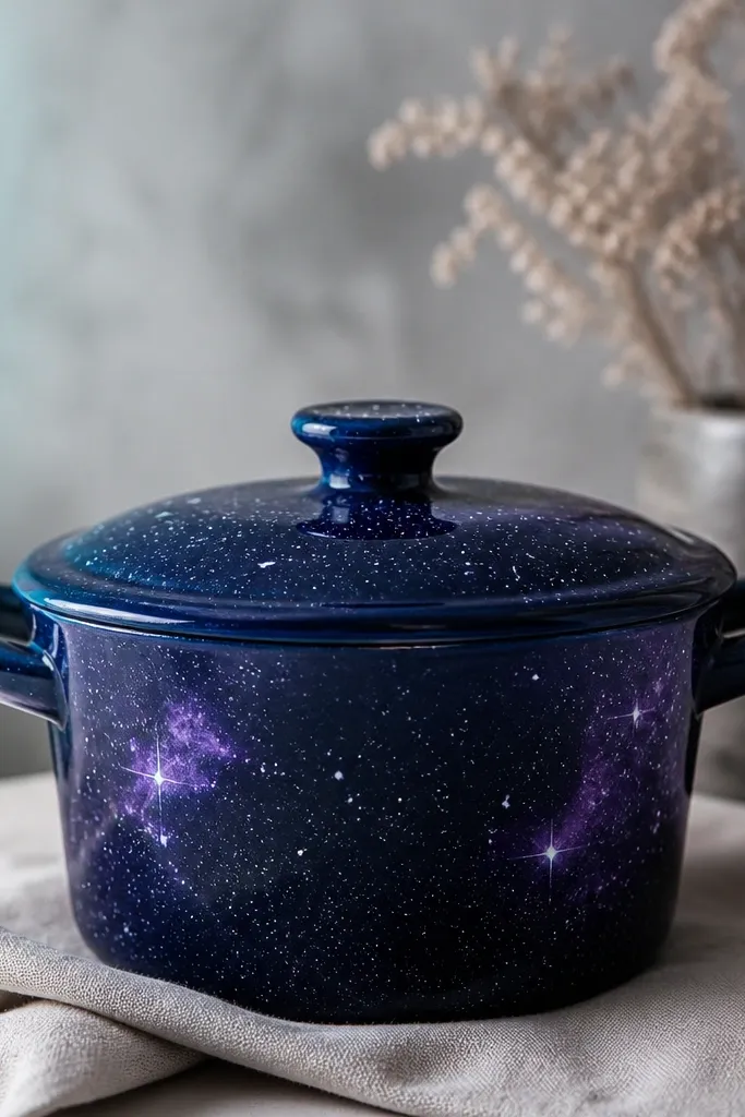 A deep navy pot covered in tiny white star dots and a few larger blotchy nebula swirls in purple. A faint glow accent appears as pale teal around one corner.