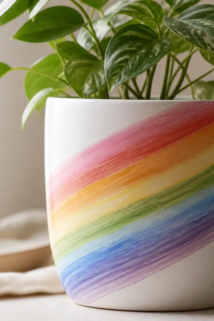 A white pot with diagonal rainbow bands made of layered brushstrokes; the colors look slightly transparent and layered.