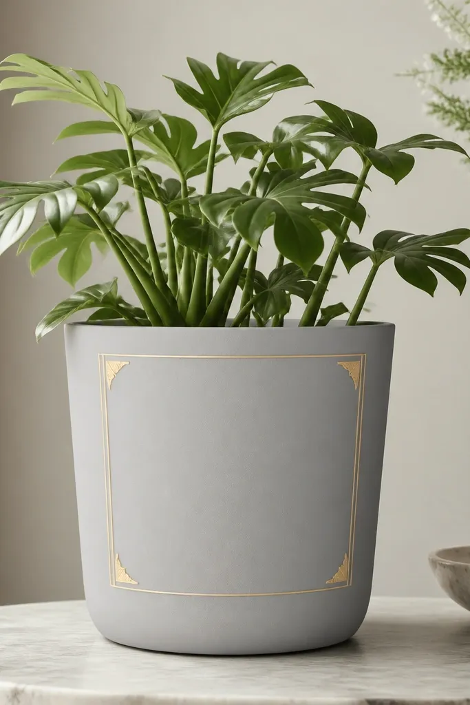 A matte light gray pot with a gold rectangular frame and small corner triangles; the center is left plain so the plant stands out.