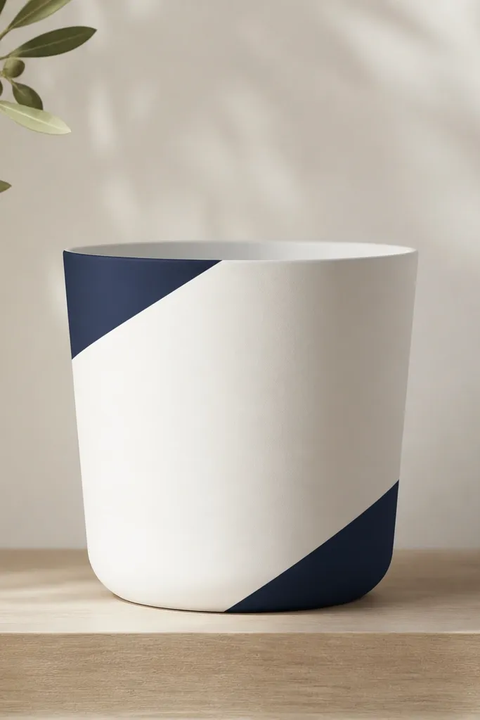 A white pot with two navy diagonal corner shapes near the top and bottom, like folded paper angles. The lines are sharp and the rest is blank.