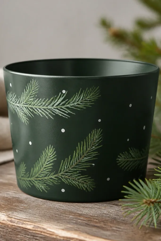 A deep green pot with small pine sprigs painted in two shades of green and a few white snow dots; the sprigs wrap around gently.