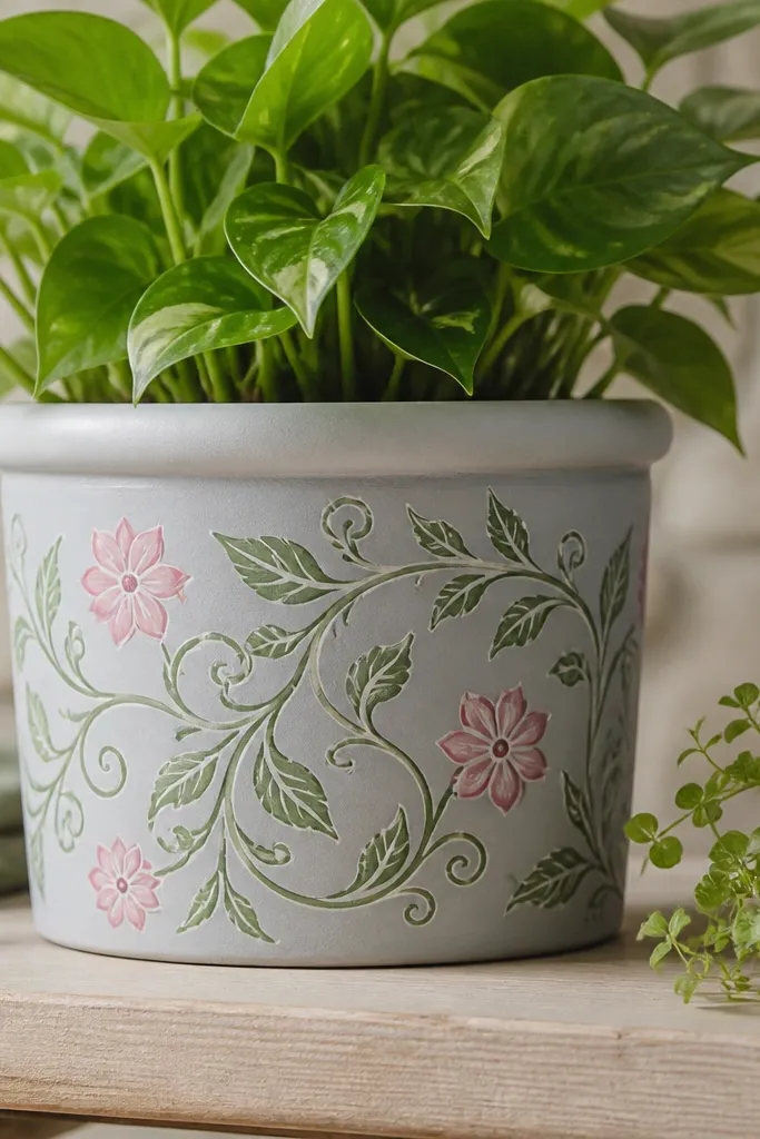 A pot with a side panel painted in light gray, filled with a vine stencil pattern in green, plus a few pink flower shapes spaced along the vine.