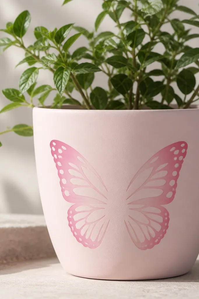 A pale pink pot with a butterfly wing stencil on one side; the wings fade from darker pink at the edge to lighter pink in the center, with a few tiny dots.