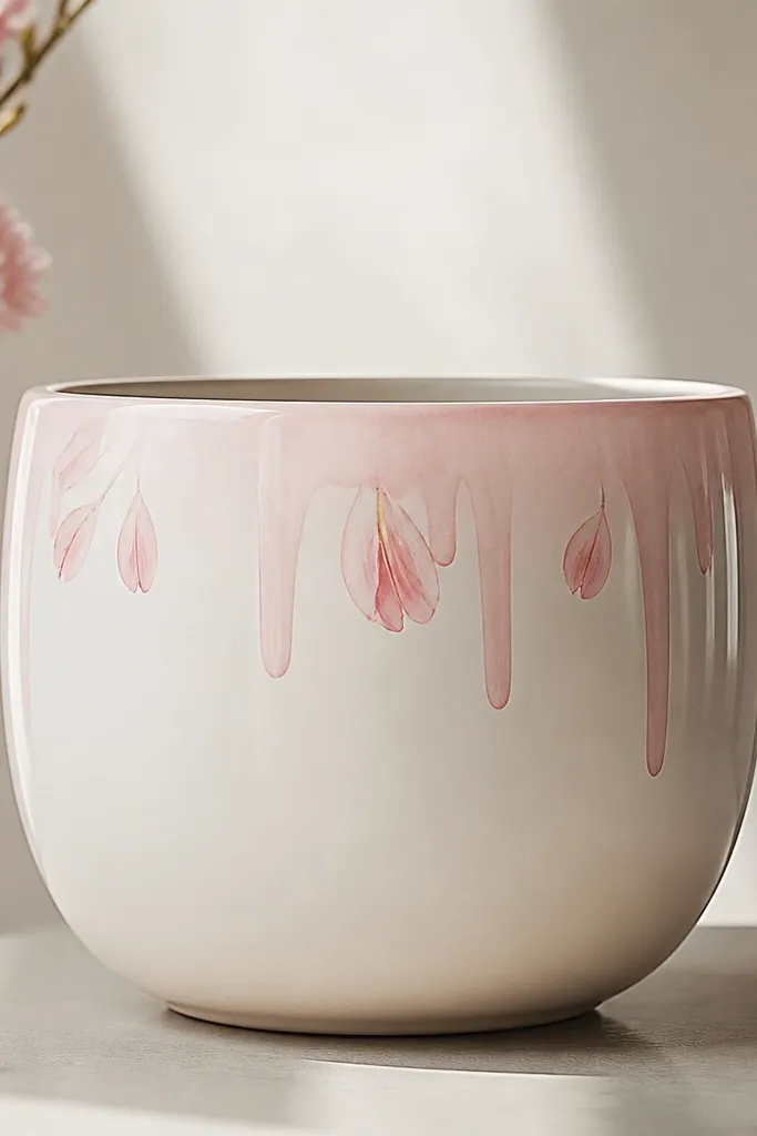 A pearl white pot with delicate soft pink drips starting at the top edge, and a few painted petal shapes near the drips. The drips stop cleanly.