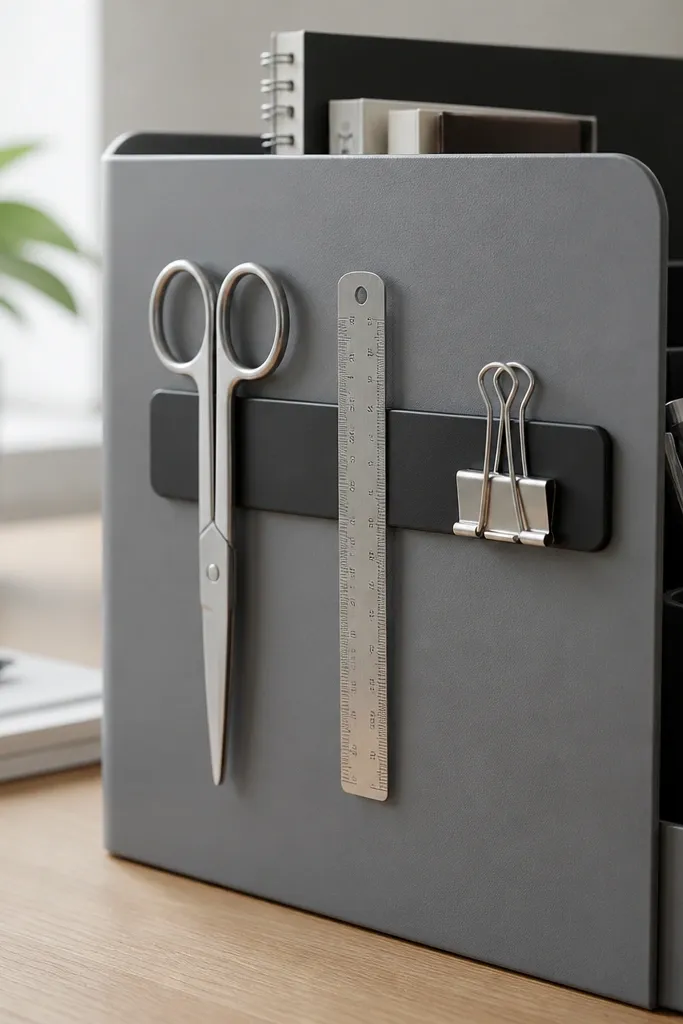 A matte black magnetic strip is mounted on the side of a desk organizer panel near the front. Three metal items are stuck to it: silver scissors, a small metal ruler, and a binder clip.
