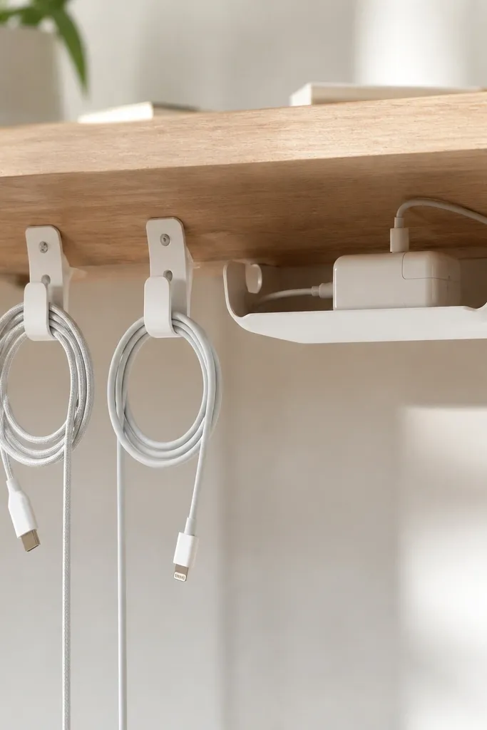 White clip-on cable organizers are attached to the underside of a desk shelf. Charging cords are looped through small tie clips, and a phone charger brick sits in a small tray.