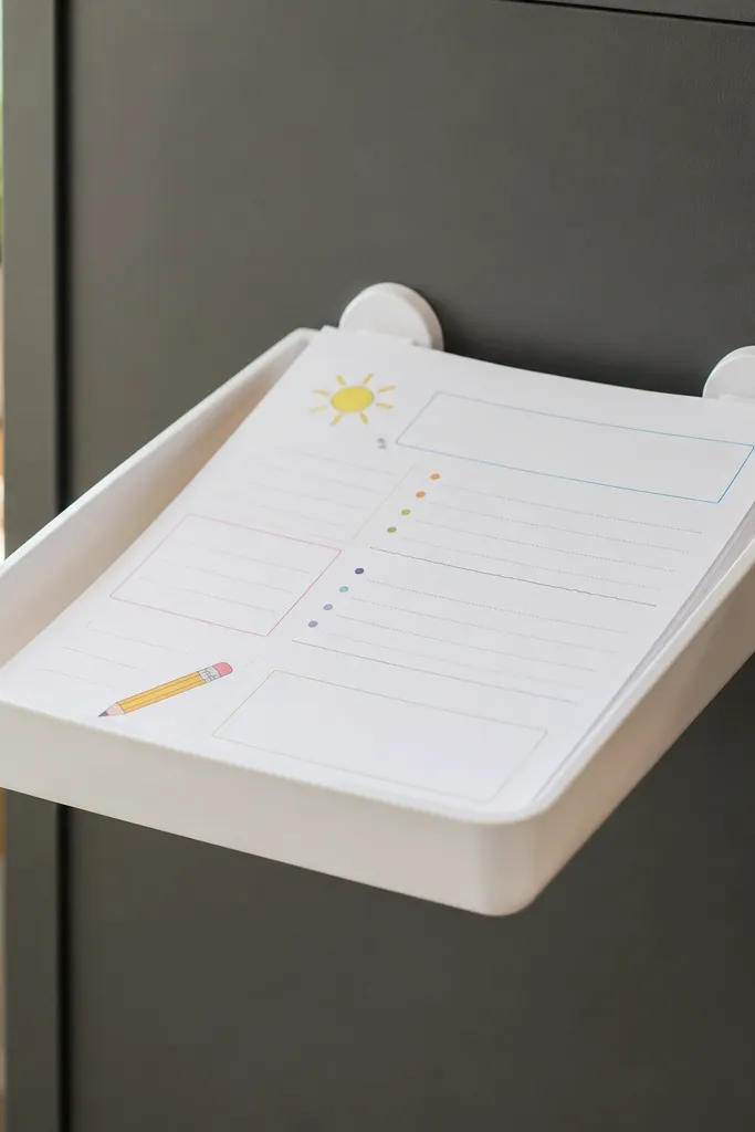 A shallow paper tray made of white plastic is magnet-mounted to a steel side panel. Stacks of homework sheets are in it, with the top sheet showing a clear "Today" page.