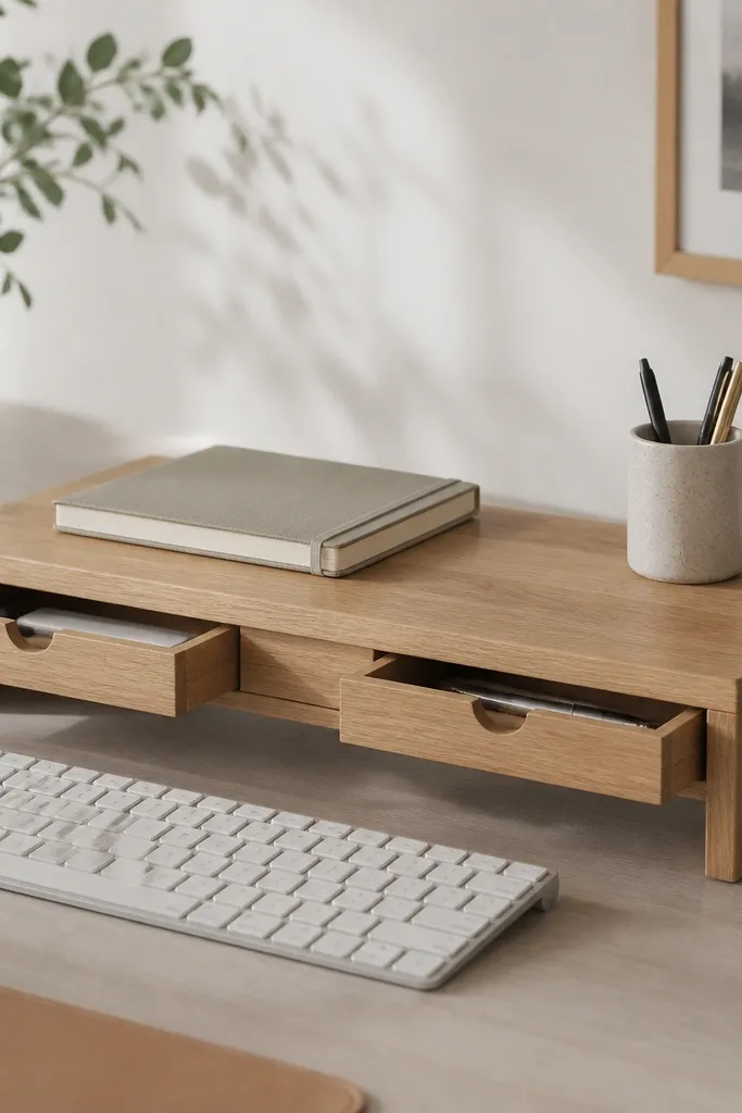 A low wooden riser sits behind a keyboard. Two small drawers slide out from the front edge, and a flat top holds a notebook and a small pen cup.