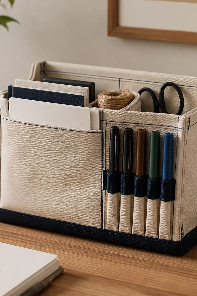 A canvas caddy with stitched compartments sits on the desk. It has elastic loops for markers and a flat pocket for paper. The fabric is beige with navy stitching.