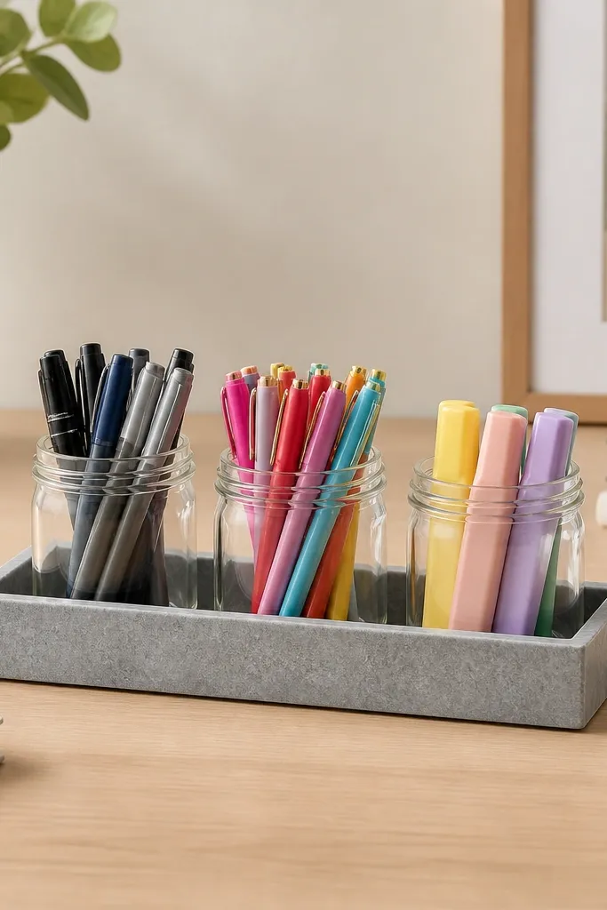 A gray stone-look tray holds three small glass jars. Each jar has different color pens and one jar has highlighters. The tray sits centered on the desk.