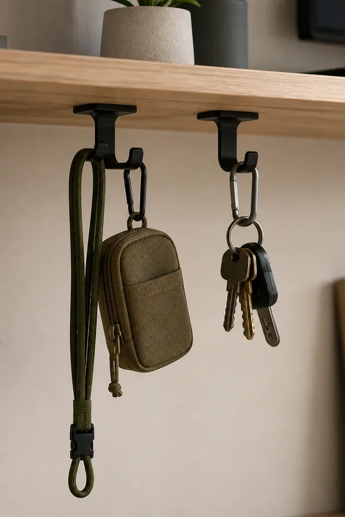 Two small command hooks are mounted under a desk shelf. A lanyard, a small pouch, and a set of keys are hung neatly in a row.