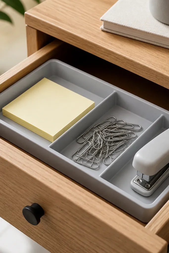 A shallow organizer insert sits in a desk drawer space. It has compartments for sticky notes, paper clips, and a small stapler. The insert is light gray plastic.