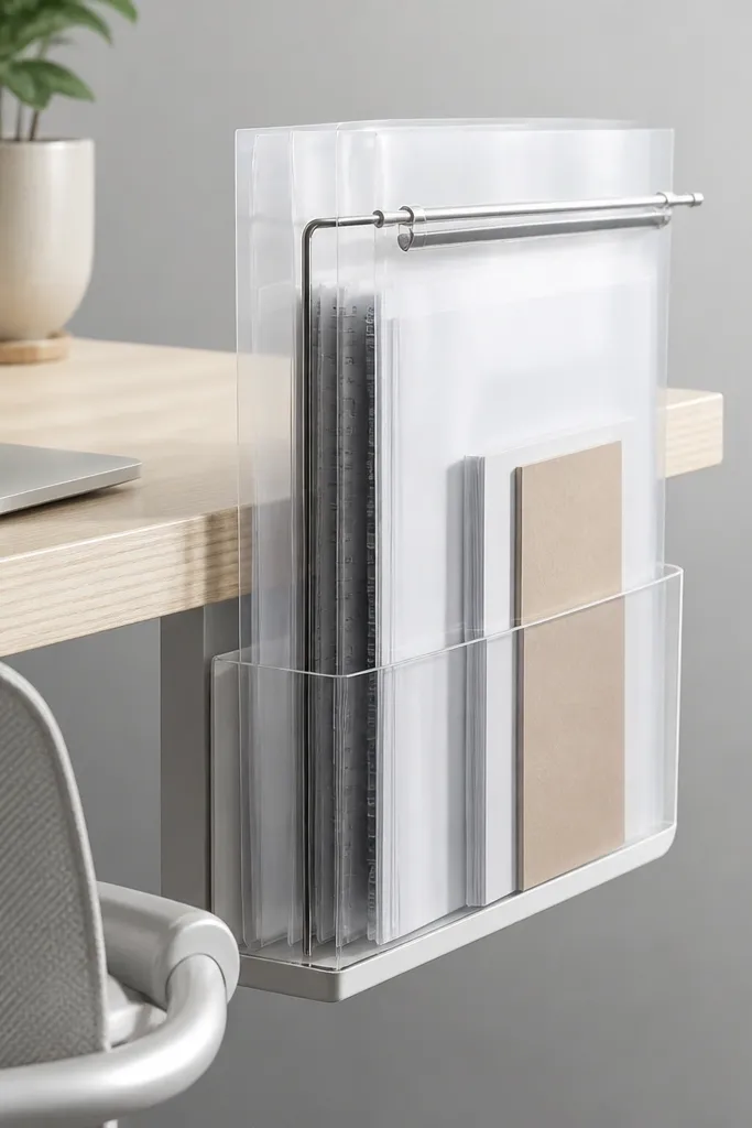Clear document folders stand upright in a vertical holder. The holder is clipped to the back of the desk. A small clip rail holds the top edges so folders don't tip.