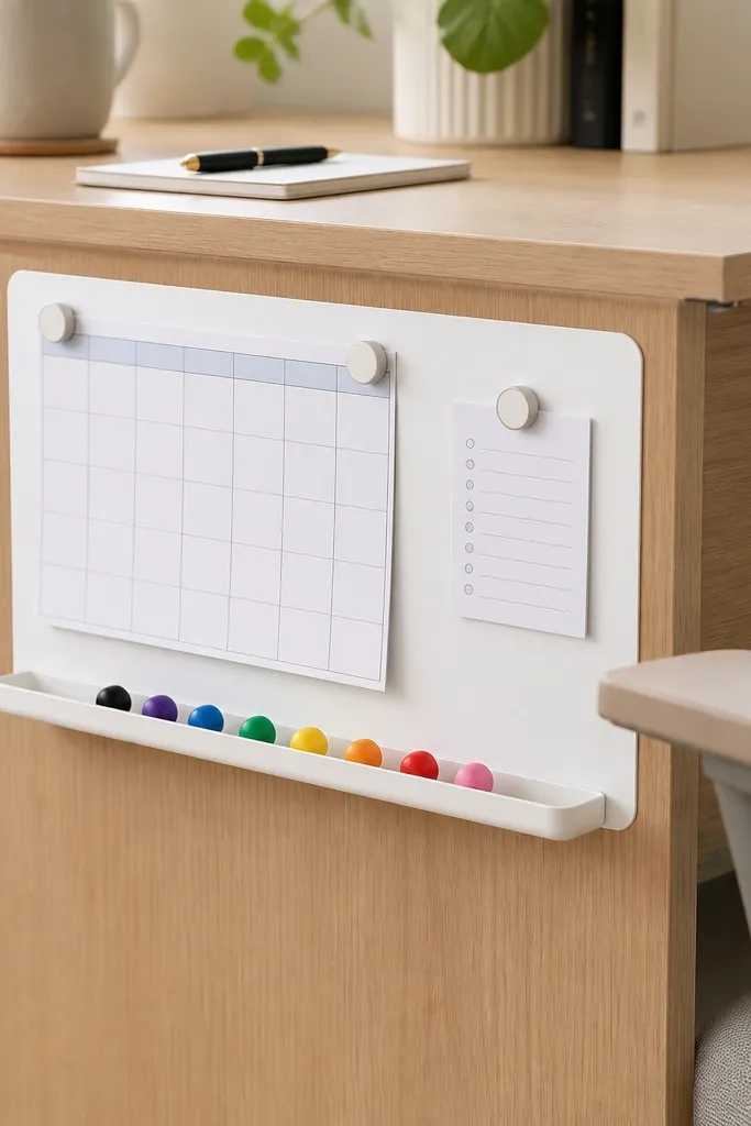 A narrow whiteboard strip is mounted on the side of a desk. Small magnets hold a weekly schedule and a tiny checklist. Colorful dry erase marker dots sit in a tray.