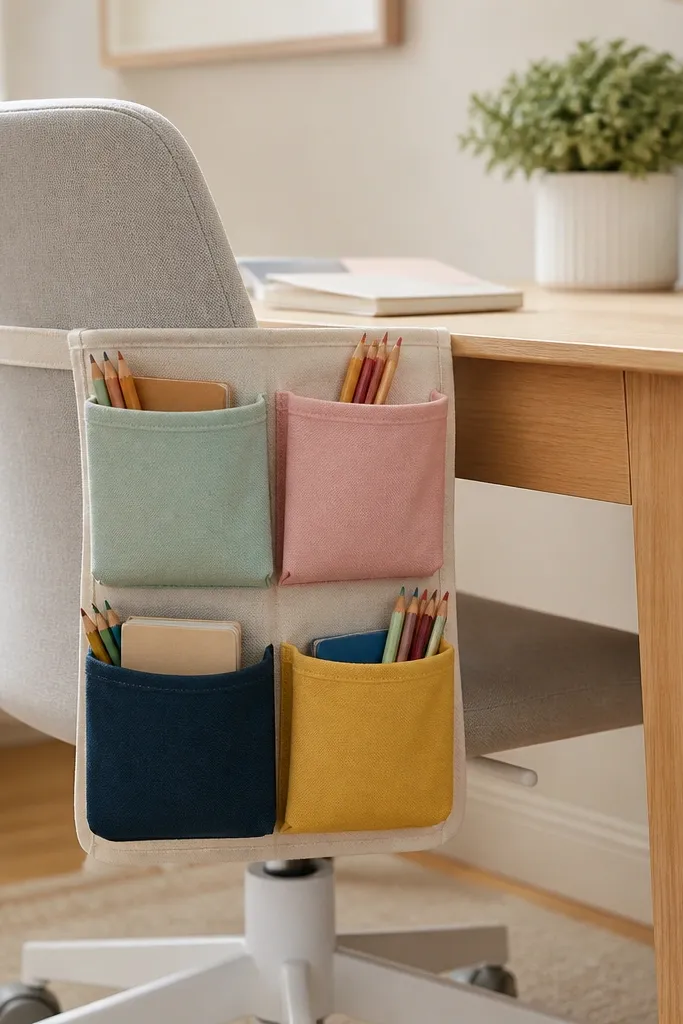 A fabric hanging pocket organizer is attached to the side of a desk chair area. It has four pockets with different colors: mint, pink, navy, and yellow. Pencils and small notebooks are stored inside.