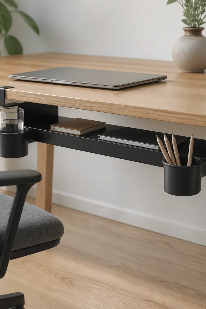 An under-desk shelf is clamped to the underside. Two small cup holders are attached to the shelf front. A water cup and a pencil cup sit above the legs.