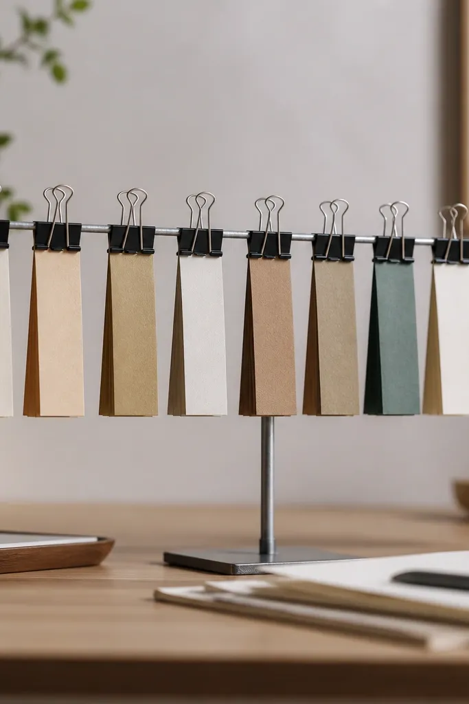 A row of binder clips holds folded paper strips upright on a desk. The clips are attached to a thin metal rail that sits on a stand behind the desk.