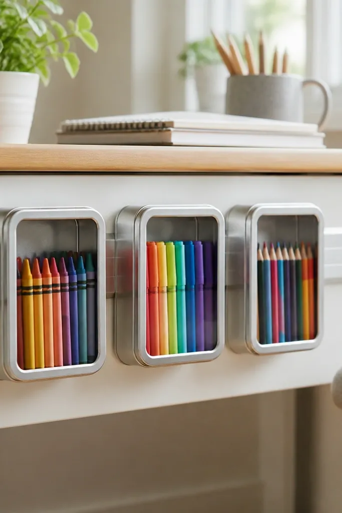 Small metal tins are magnet-mounted to a strip on the side of a desk. Each tin has a clear label window showing crayons, markers, and colored pencils.