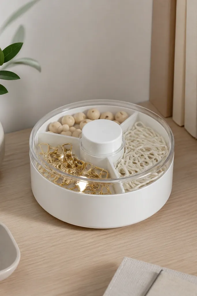 A small rotating carousel sits in the desk corner. It has three removable inserts and each insert holds a different type of supply. The carousel is white with a clear top.