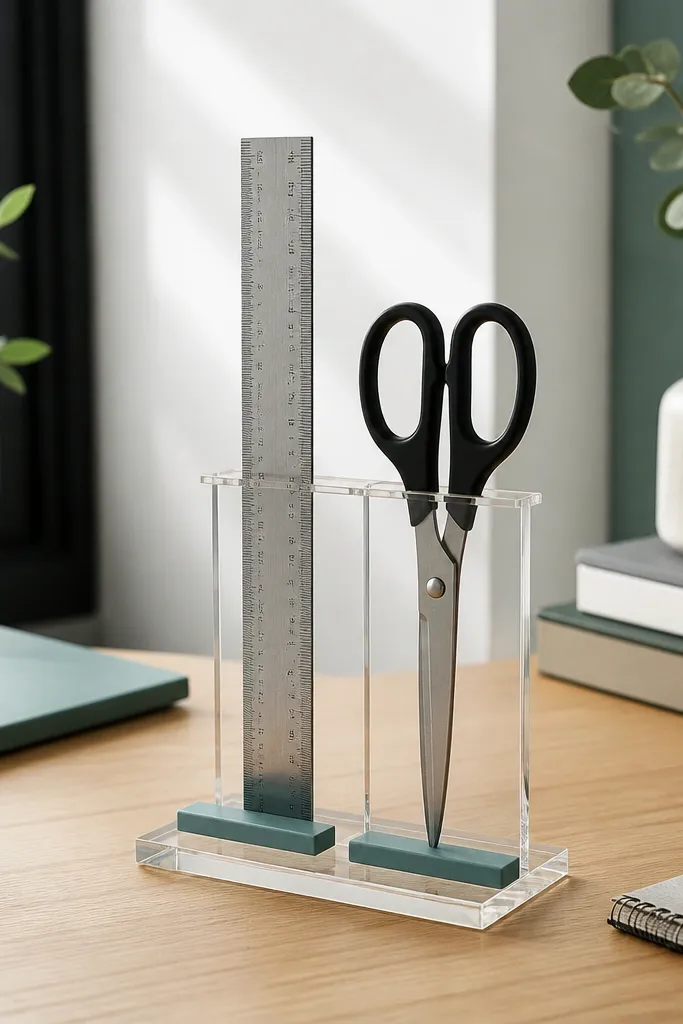A clear acrylic stand holds a ruler vertically and a pair of scissors upright. Small colored rails at the base match the desk's accent color.