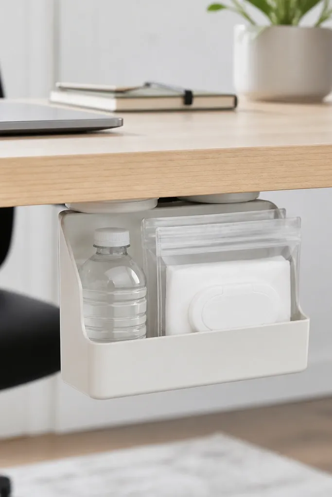 A small caddy is suction-mounted to the underside of a desk. It holds a small water bottle and a packet of disinfecting wipes in a clear pouch.