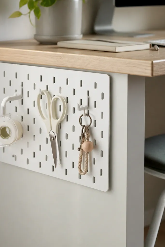 A small white pegboard panel is attached to the side of a desk using removable adhesive mounts. Tiny hooks hold a tape dispenser, scissors, and a keychain.