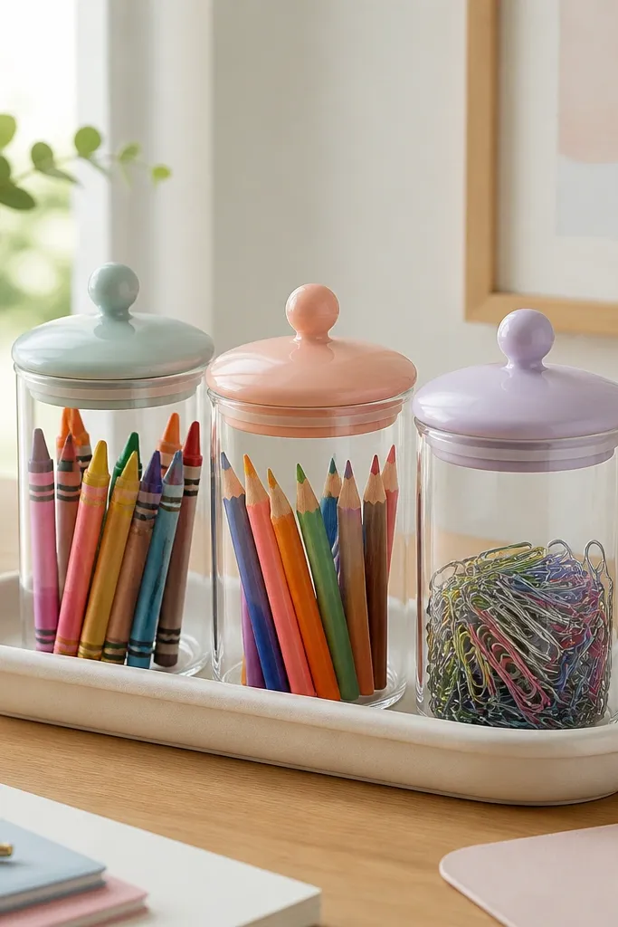 Three matching lidded jars sit on a desk tray. One jar holds crayons, one holds colored pencils, and one holds paper clips. The lids are soft pastel colors.