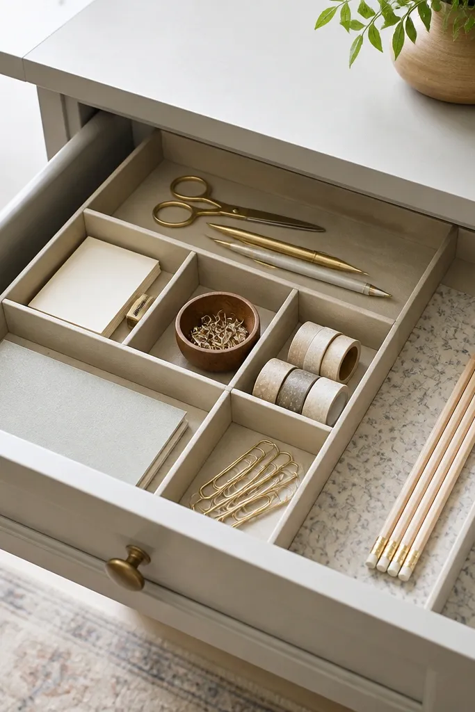 A drawer is lined with a washable fabric liner in a muted pattern. Compartments sit on top of the liner, and the drawer looks clean even when supplies are moved.