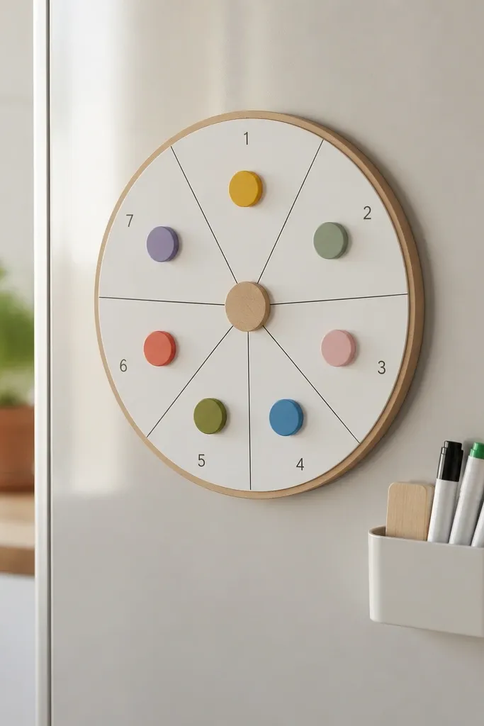 A small circular memo wheel sits on a magnetic board. Color magnets move around numbered sections labeled with days of the week. A tiny marker tray is beside it.