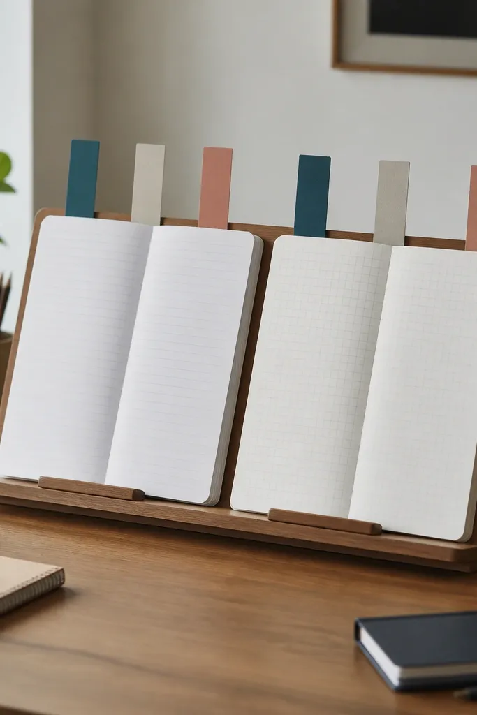 A book stand holds two open notebooks upright on the desk edge. Slim vertical sign strips sit behind them in alternating colors for each subject.