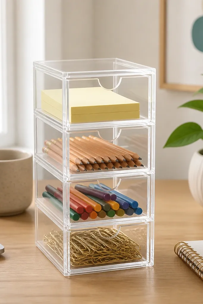A clear acrylic tower organizer stands on the desk. It has four stacked compartments with printed labels on the front. Items include sticky notes, pencils, markers, and paper clips.