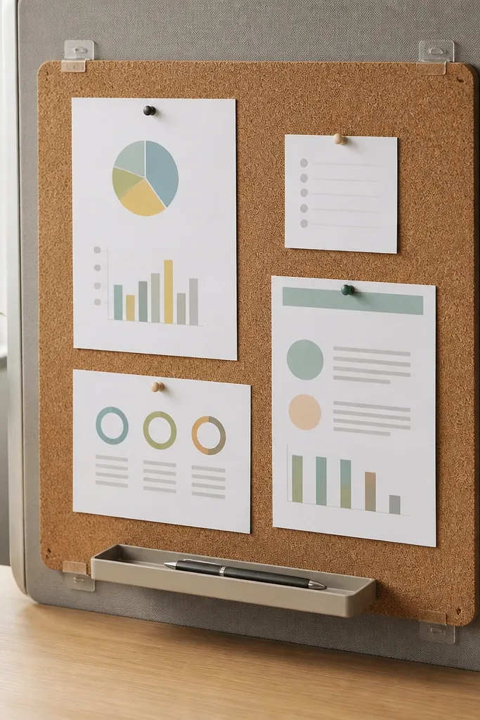 A cork sheet is attached to a desk-side board using removable adhesive mounts. Pushpins hold a few printed worksheets and a small list card. A pen rests in a small tray at the bottom.