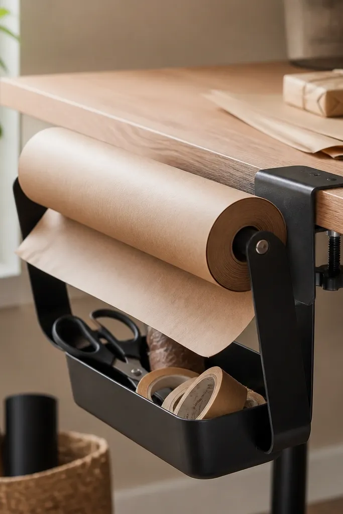A clip-on holder grips the side edge of a desk and holds a roll of brown craft paper. The roll sits above a small bin with scissors and tape.