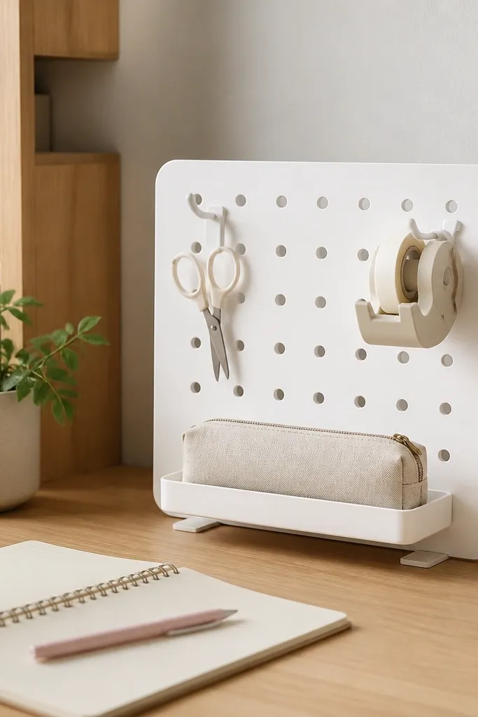 A small white pegboard organizer panel sits on the desk side. It has hooks and a tiny shelf. A tape dispenser, pencil case, and small scissors sit on it.