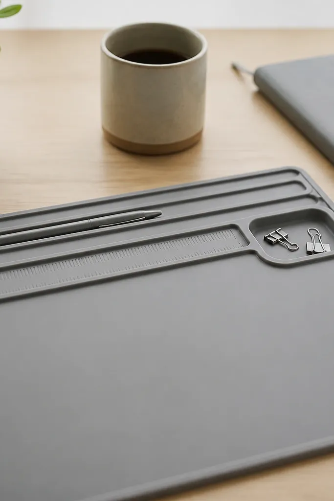 A silicone desk mat in muted gray sits on the desk. It has raised lanes: one lane has a pen groove, one has a ruler channel, and one has a small catch area.