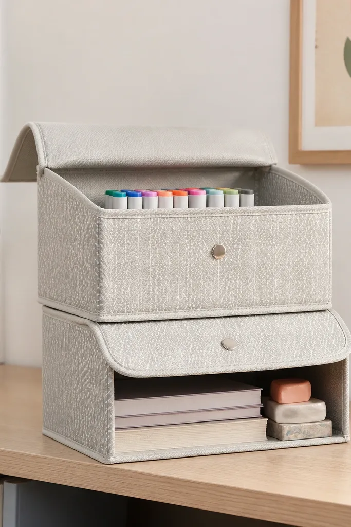 Two stackable fabric bins sit on the desk or a shelf. They have snap lids and a subtle pattern. The top bin holds markers, the bottom bin holds paper and erasers.