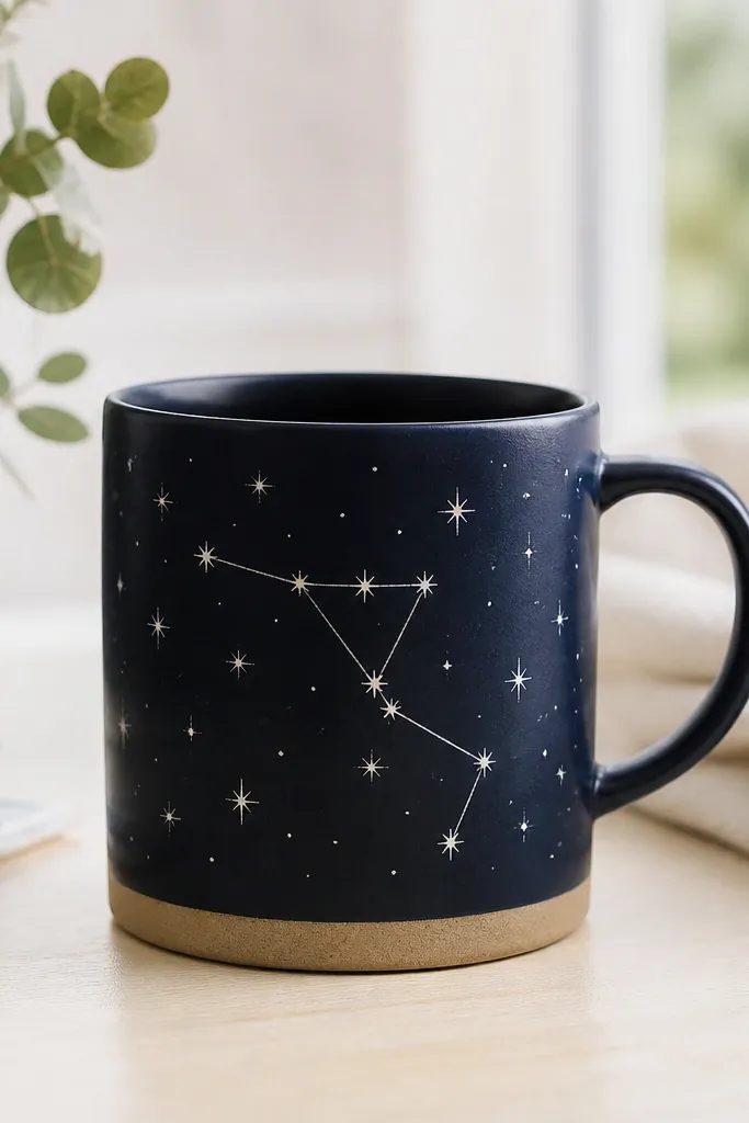A dark navy mug with a constellation line drawing in silver paint. Small star dots are scattered above a removable tape-masked horizon band. The stars look crisp, with no feathering.