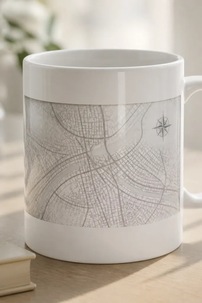 A translucent-looking mug design of a city map on a clear band. Streets are visible in gray lines, with a small compass rose near the handle. The rest of the mug stays plain white.